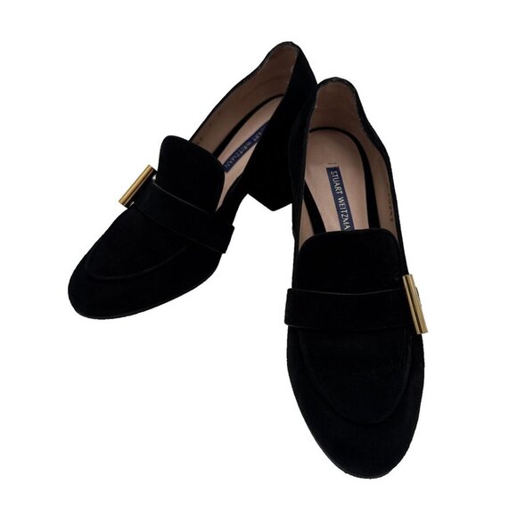 Stuart Weitzman Women The Preston Cylinder Pump Loafer Size 6 M black Suede Heel - Picture 6 of 16